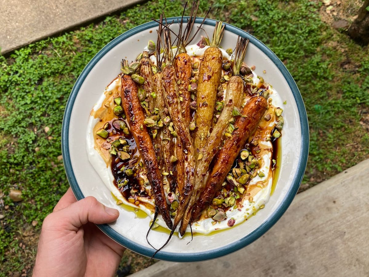 Roasted Carrots with Yogurt, Pistachios, and Balsamic